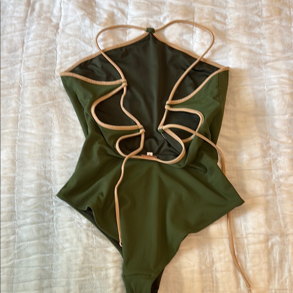 Johanna Ortiz One Piece Green One-Piece Swimsuit with Tan Straps